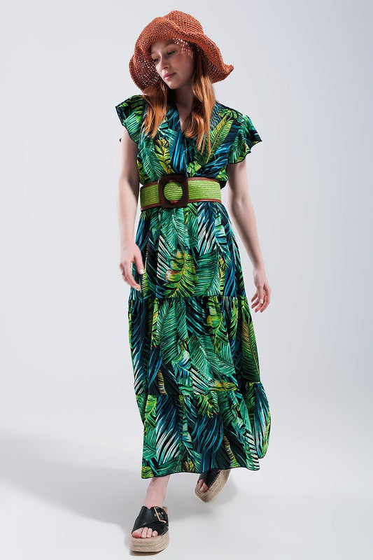 Tropical Print Short Sleeve Tiered Midi Dress